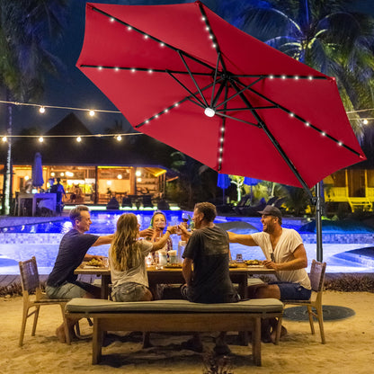 10 Feet Cantilever Solar Umbrella 28LED Lighted Patio Offset Tilt 360° for Outdoor-Wine