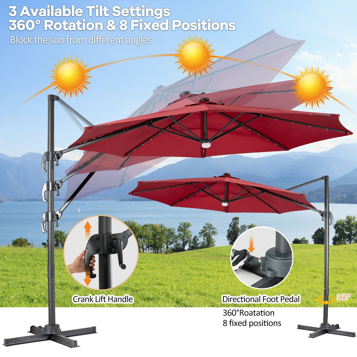 10 Feet Cantilever Solar Umbrella 28LED Lighted Patio Offset Tilt 360° for Outdoor-Wine