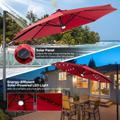 10 Feet Cantilever Solar Umbrella 28LED Lighted Patio Offset Tilt 360° for Outdoor-Wine