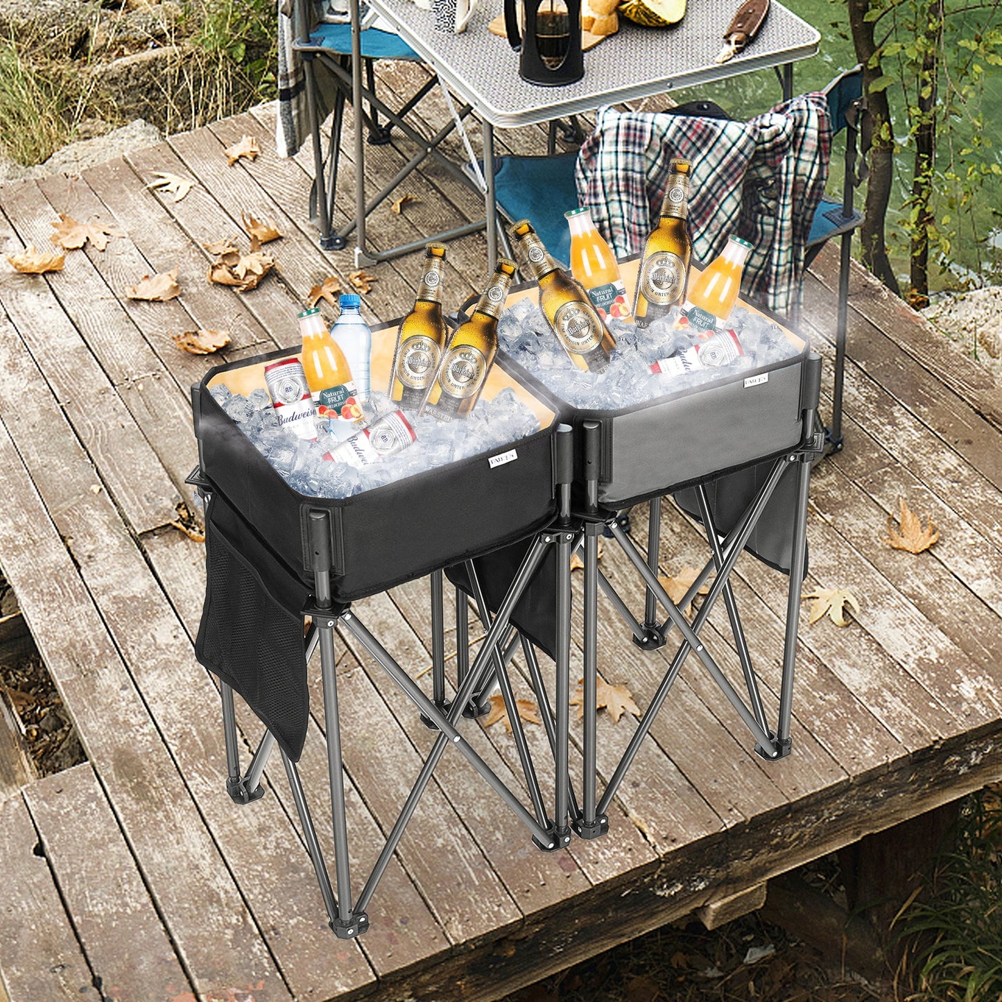 2 Pieces Folding Camping Tables with Large Capacity Storage Sink and Anti-Black & Grey