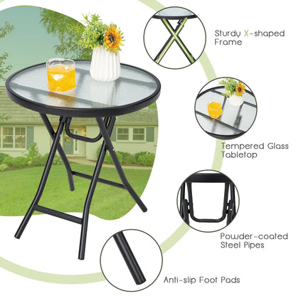 Folding Garden Side Table with Tempered Glass for Balcony Backyard
