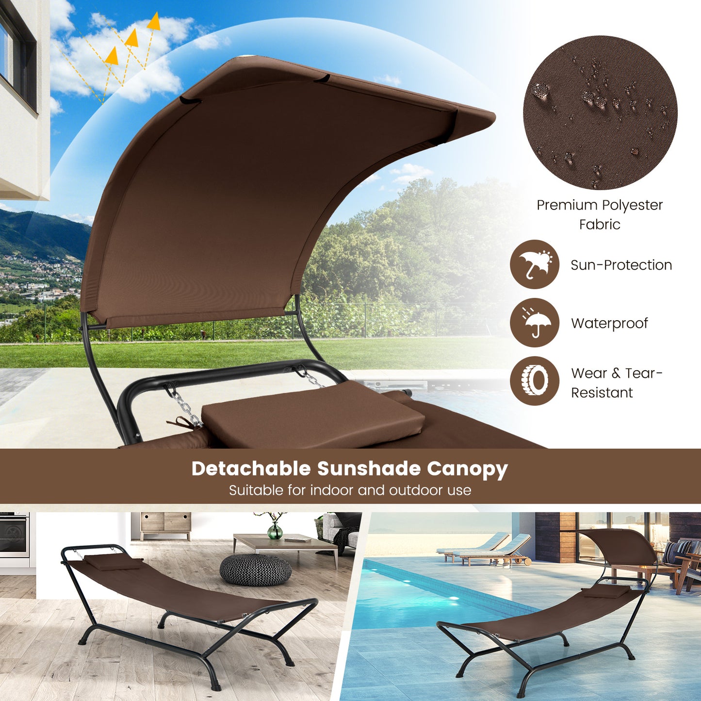 Outdoor Hammock with Stand Cushion and Canopy for Garden Lawn-Coffee
