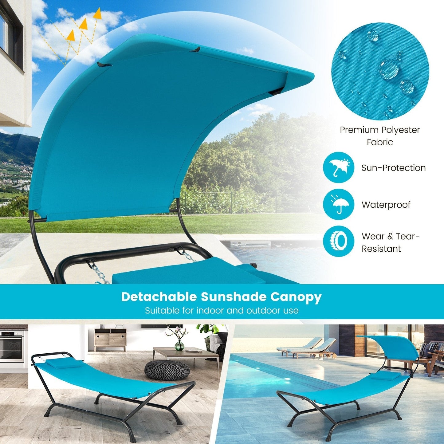 Outdoor Hammock with Stand Cushion and Canopy for Garden Lawn-Blue