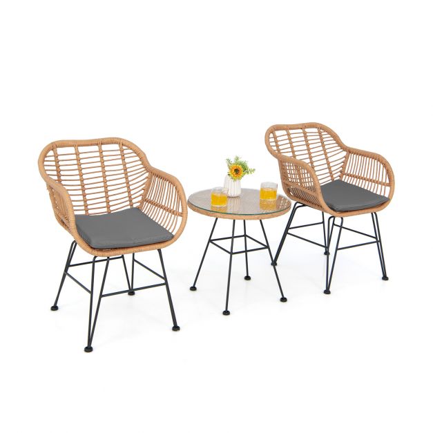 3 Piece Patio Rattan Set with 2 Cushioned Chairs and Tempered Glass Table-Gray