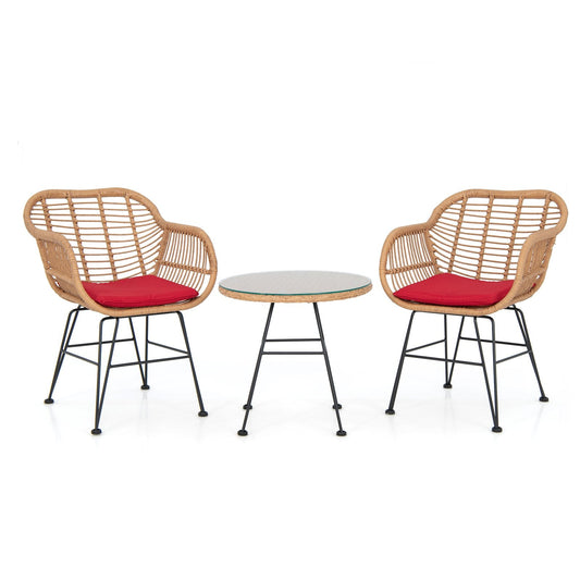 3 Piece Patio Rattan Set with 2 Cushioned Chairs and Tempered Glass Table-Red
