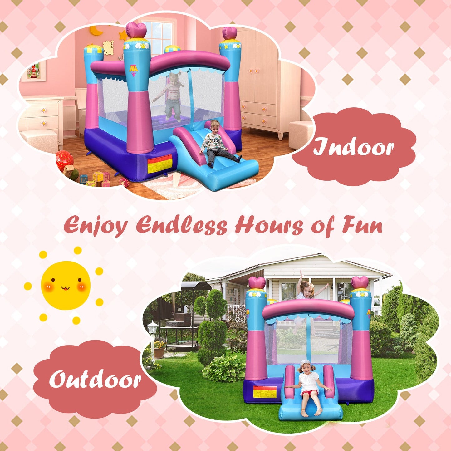 Princess Theme Bounce House with Slide and Basketball Rim (without Blower)