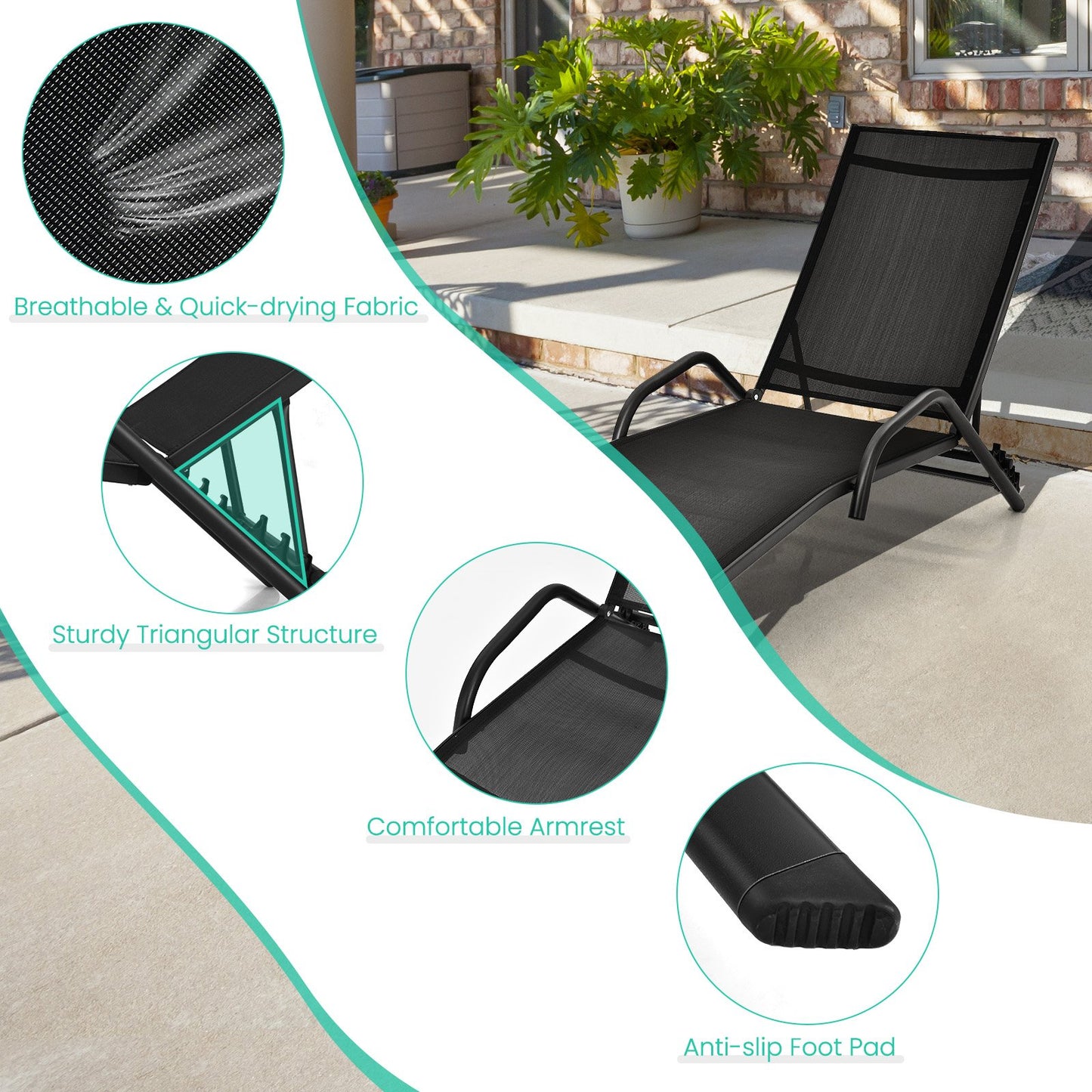 Set of 2 Outdoor Chaise Lounge Chairs with Breathable Seat-Black