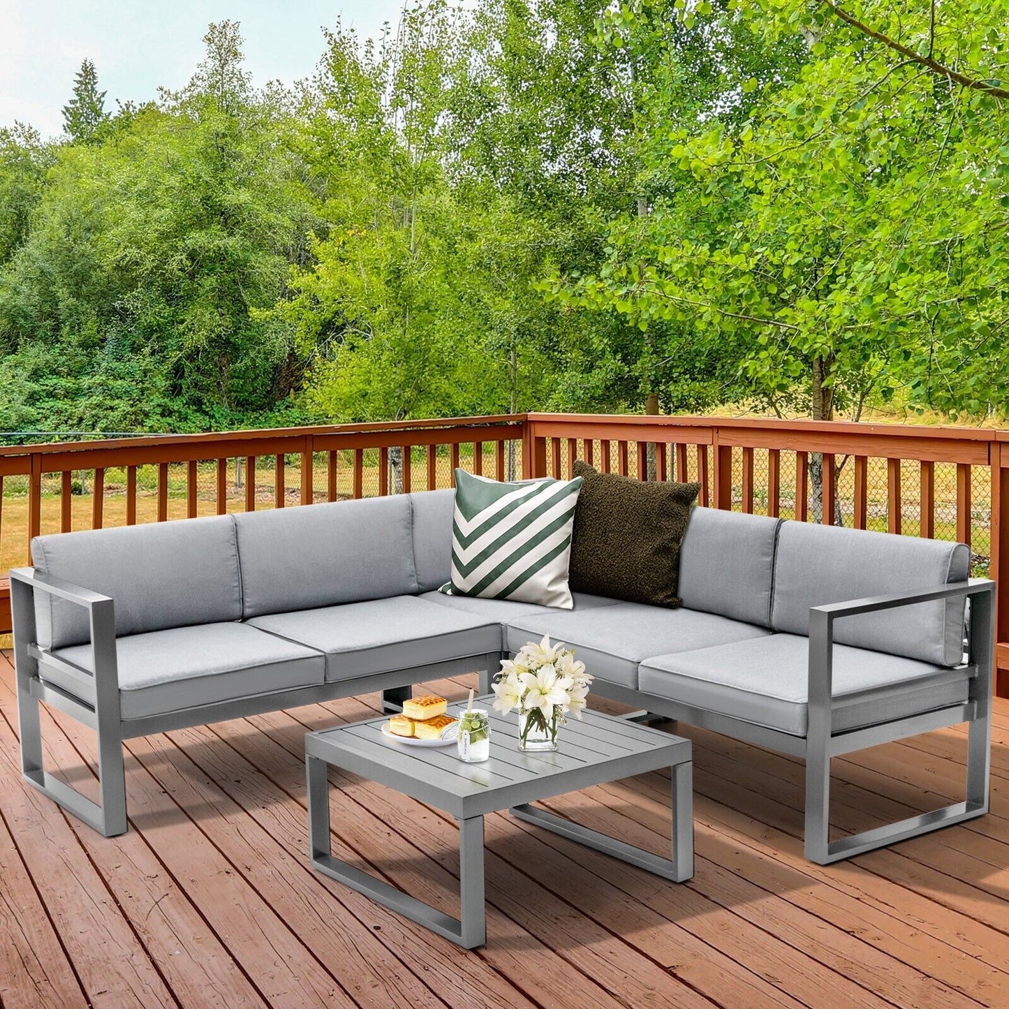 4 Piece Aluminum Patio Sofa Set for Backyard Garden Poolside-Grey