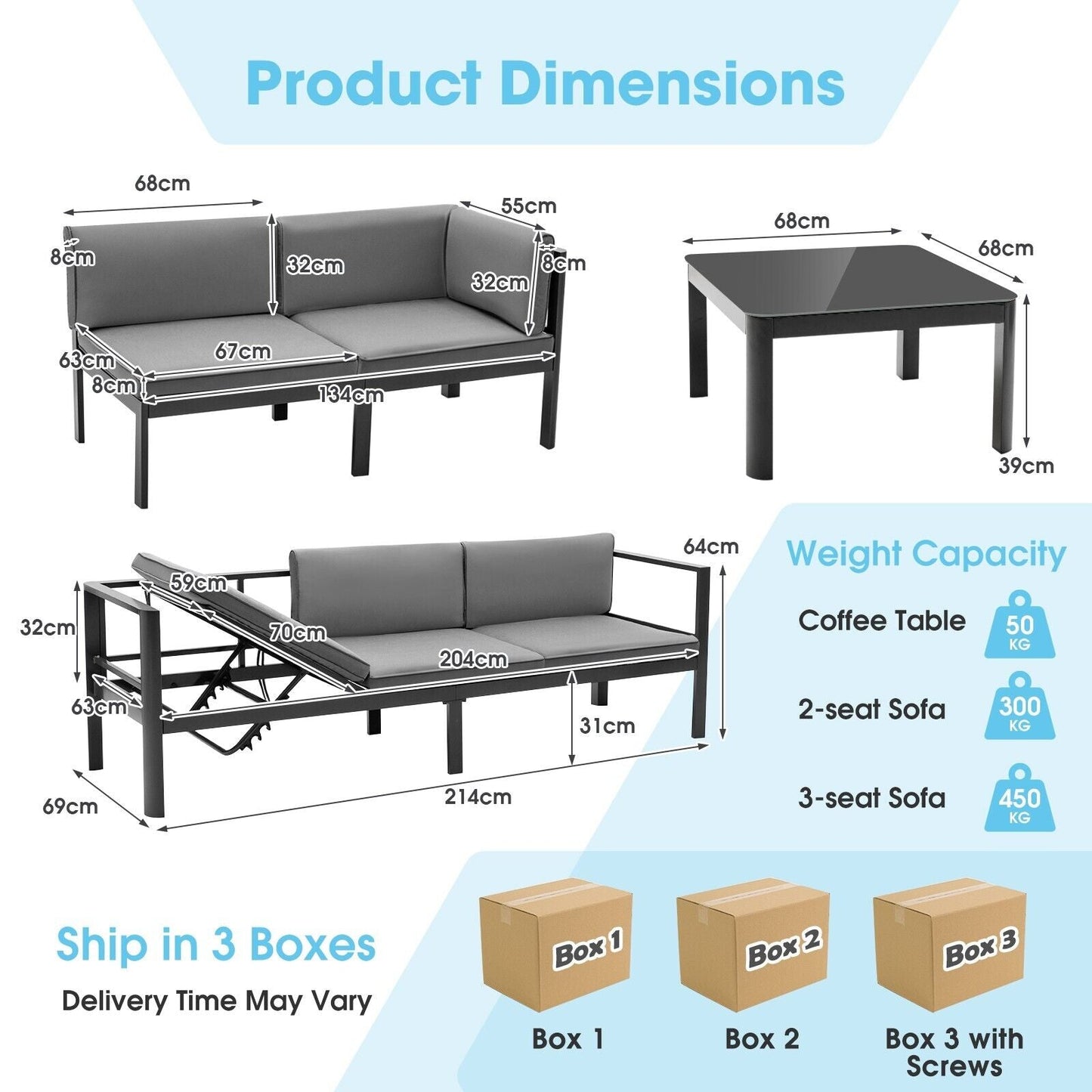 3 Piece Aluminum Patio Sofa Set with 6-Level Reclining Backrest-Grey