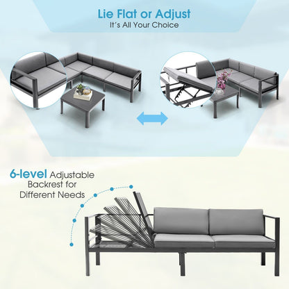 3 Piece Aluminum Patio Sofa Set with 6-Level Reclining Backrest-Grey