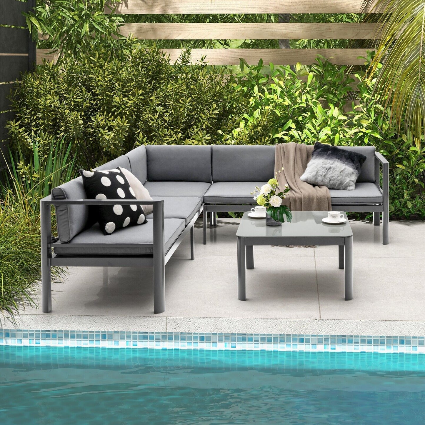 3 Piece Aluminum Patio Sofa Set with 6-Level Reclining Backrest-Grey