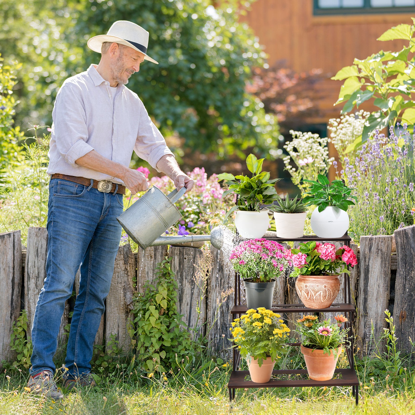 3-Tier Ladder Shaped Metal Plant Stand with Wheels and Handle