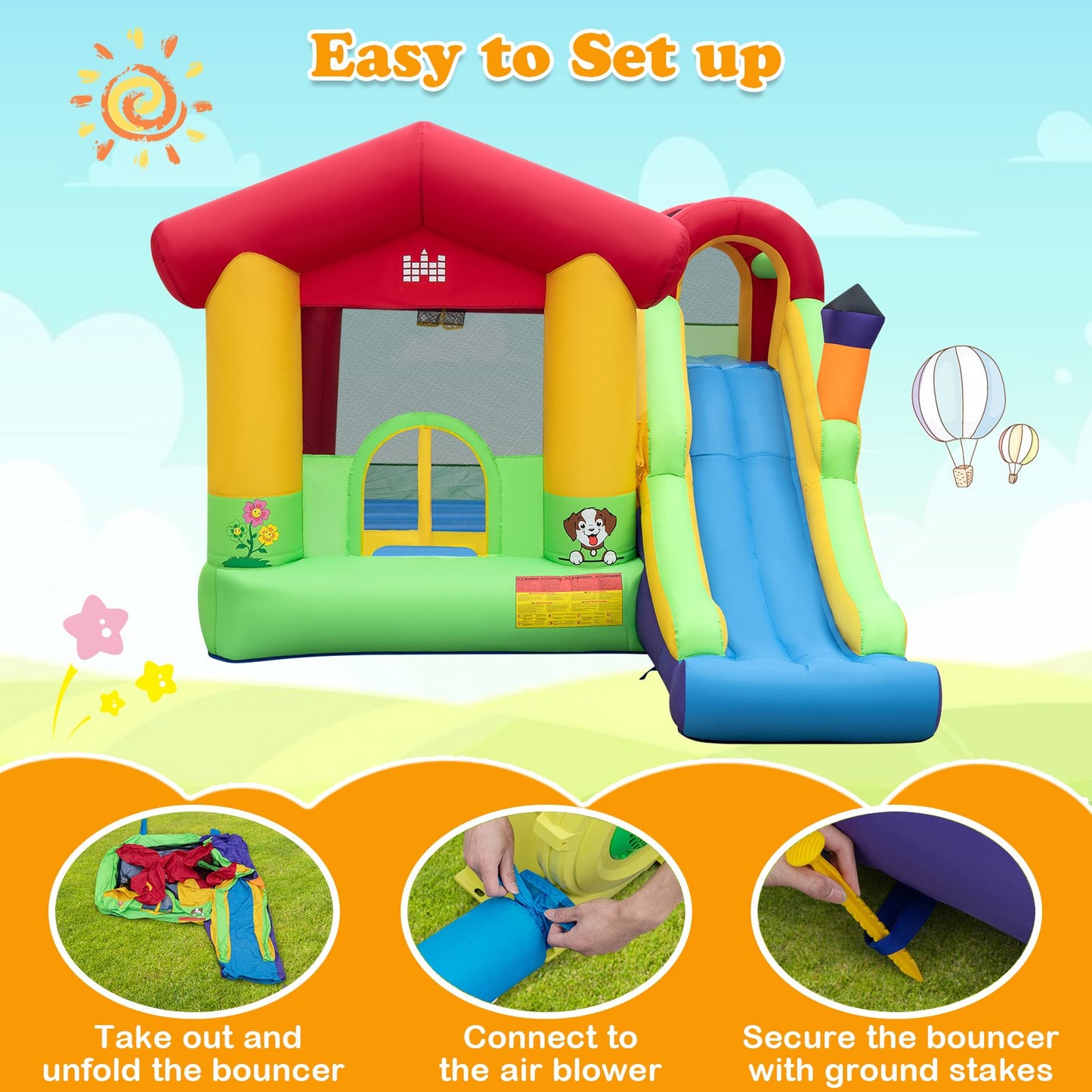 Kids Inflatable Bounce House with Long Slide and 680W Blower