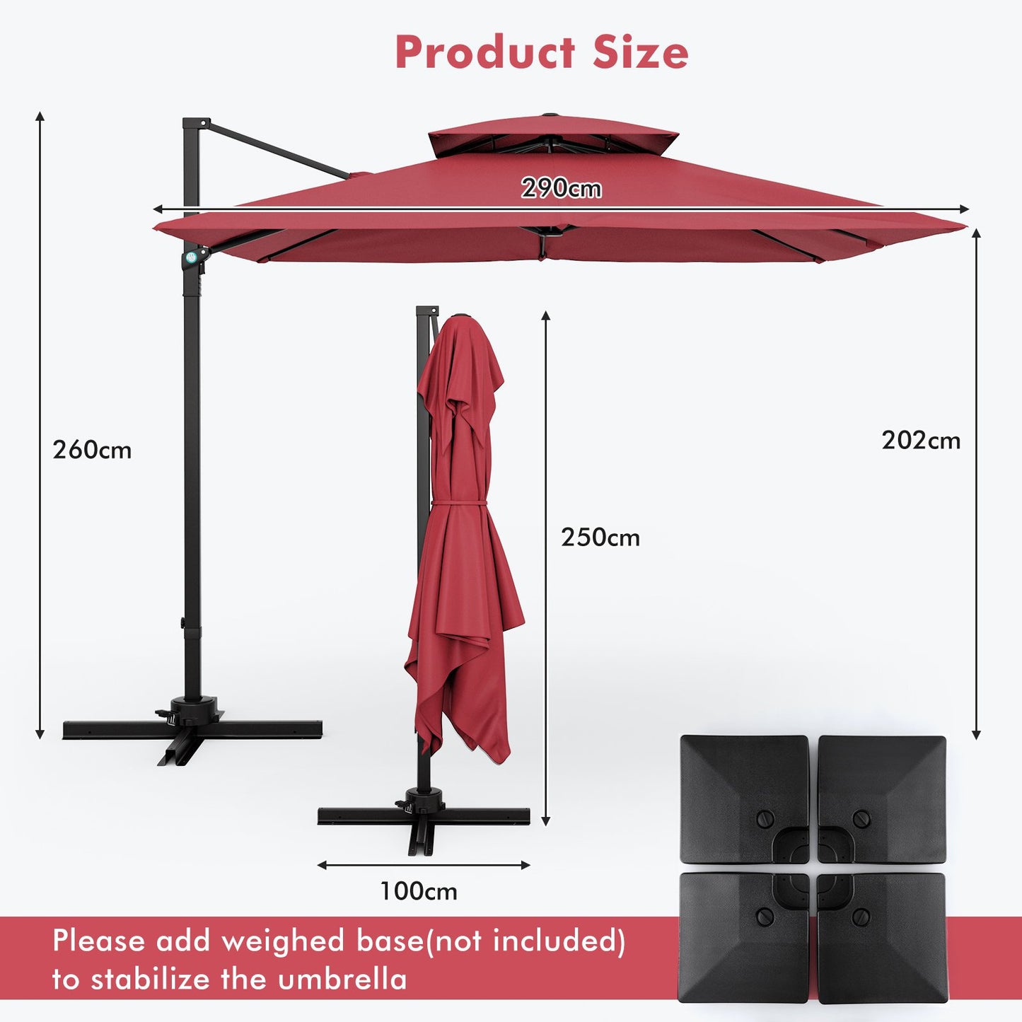 Parasol ogrodowy 3M Square Cantilever z obrotem 360° i podwójnym blatem Wine