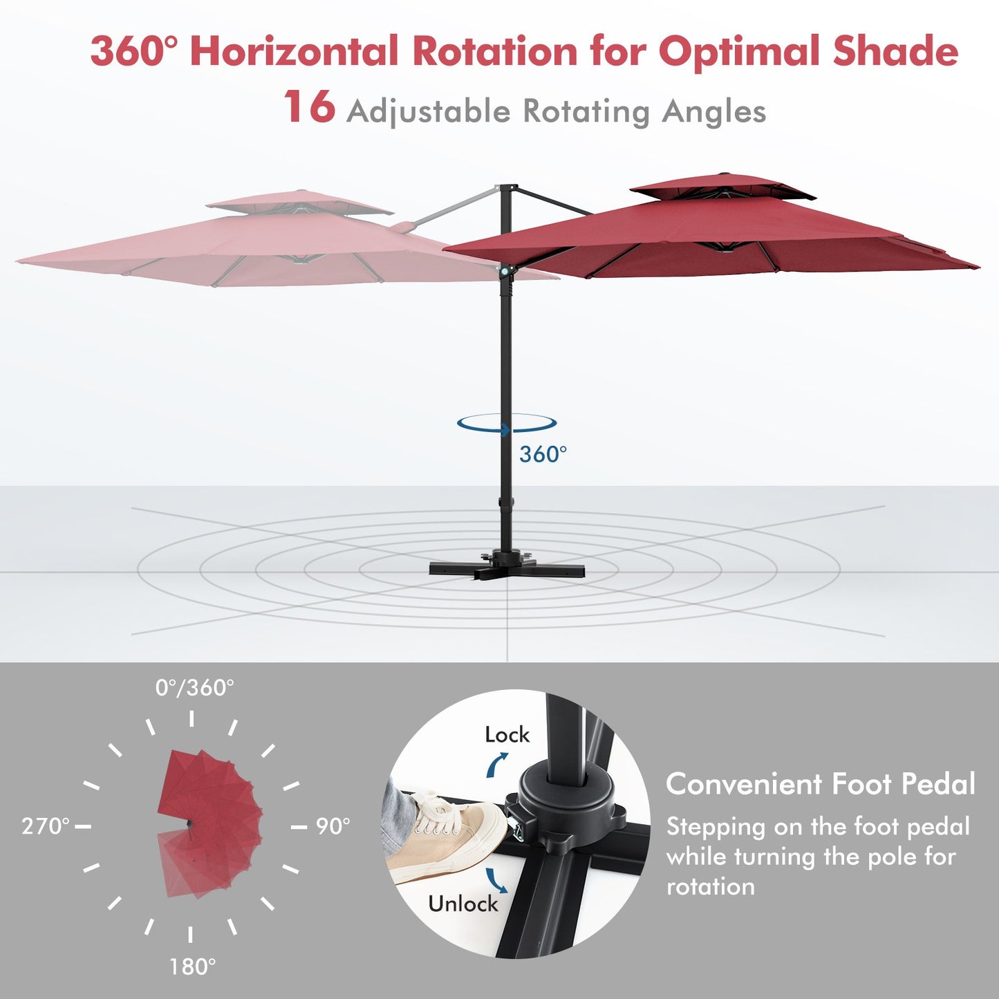 Parasol ogrodowy 3M Square Cantilever z obrotem 360° i podwójnym blatem Wine