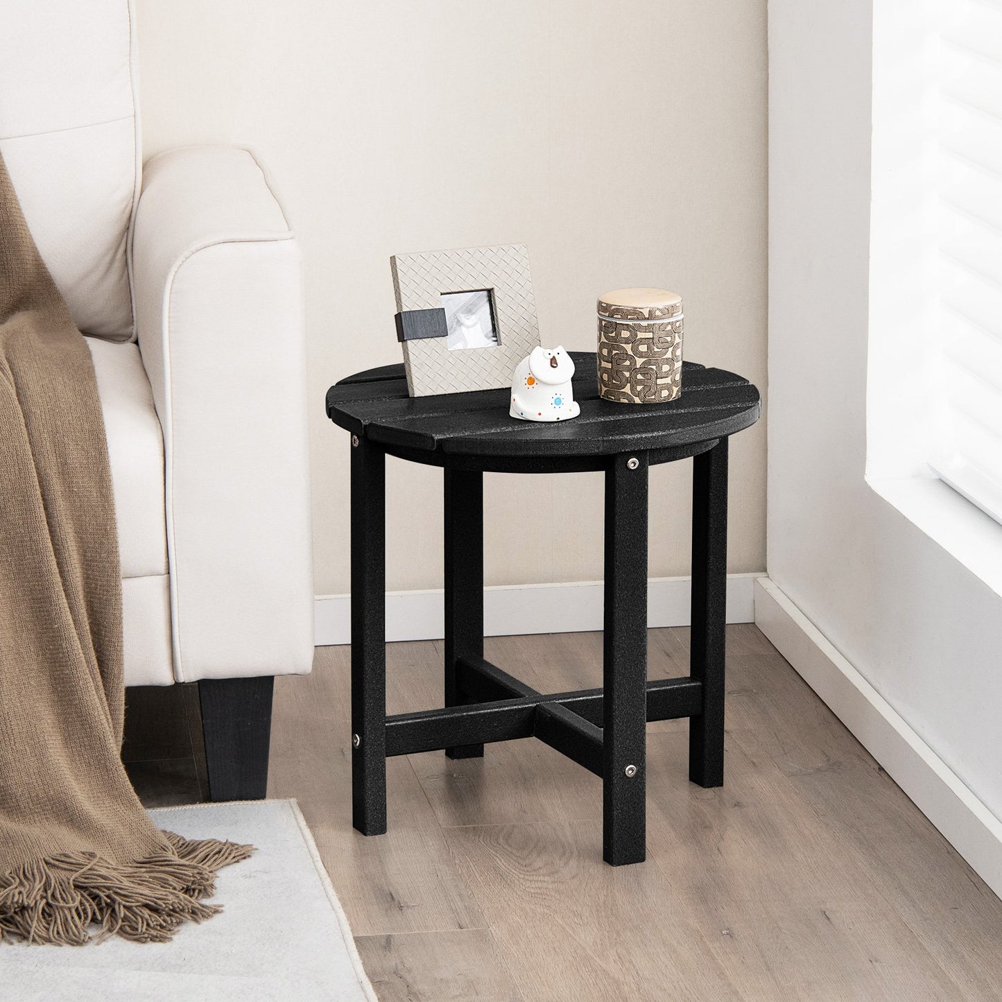 Patio Round HDPE Side Table for Yard Porch Garden-Black