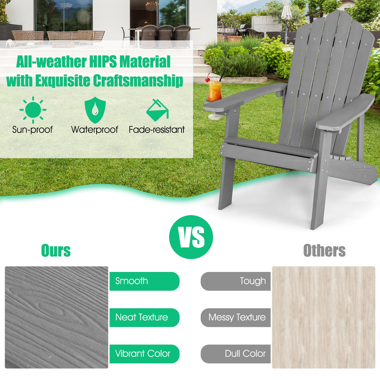 Adirondack Chair with Movable Cup Holder for Fire Pit Beach Deck -Grey