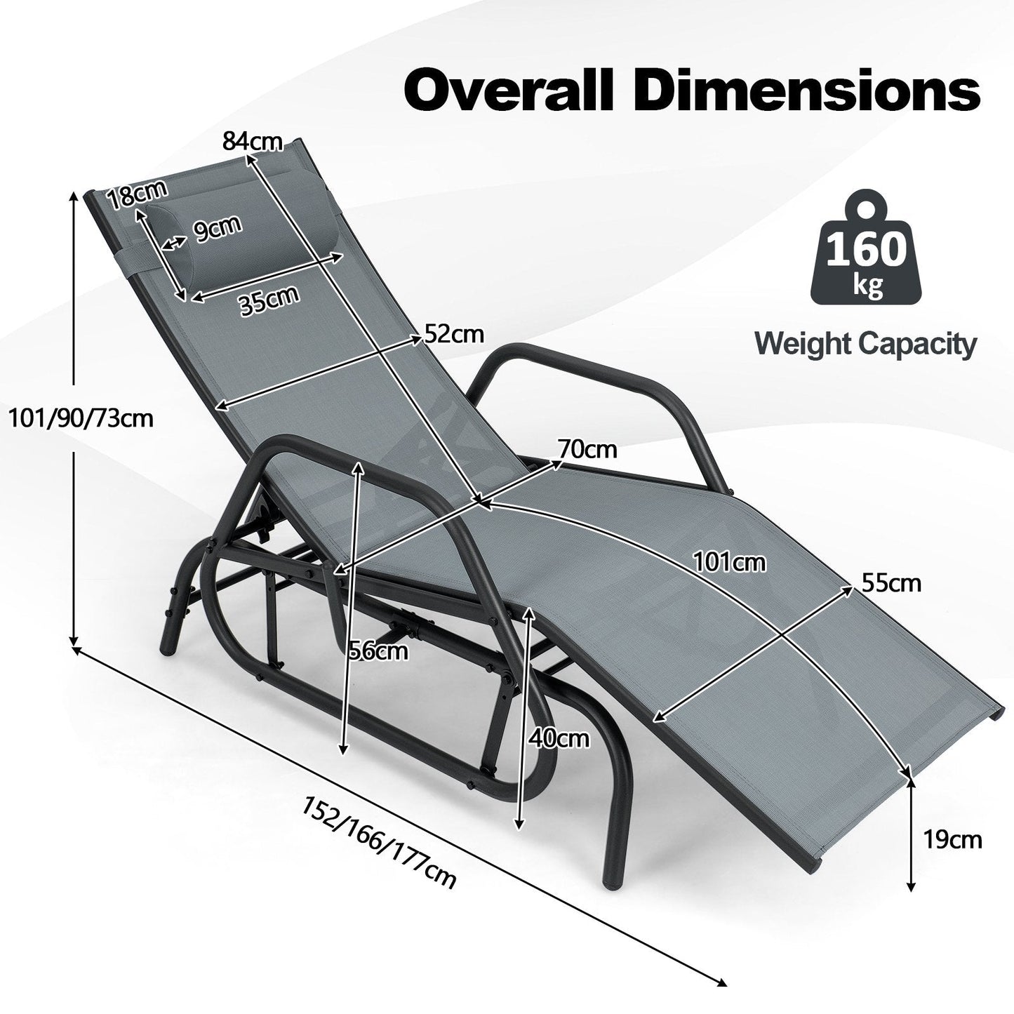 Outdoor Chaise Lounge Glider Chair with Armrests and Pillow-Grey-Grey