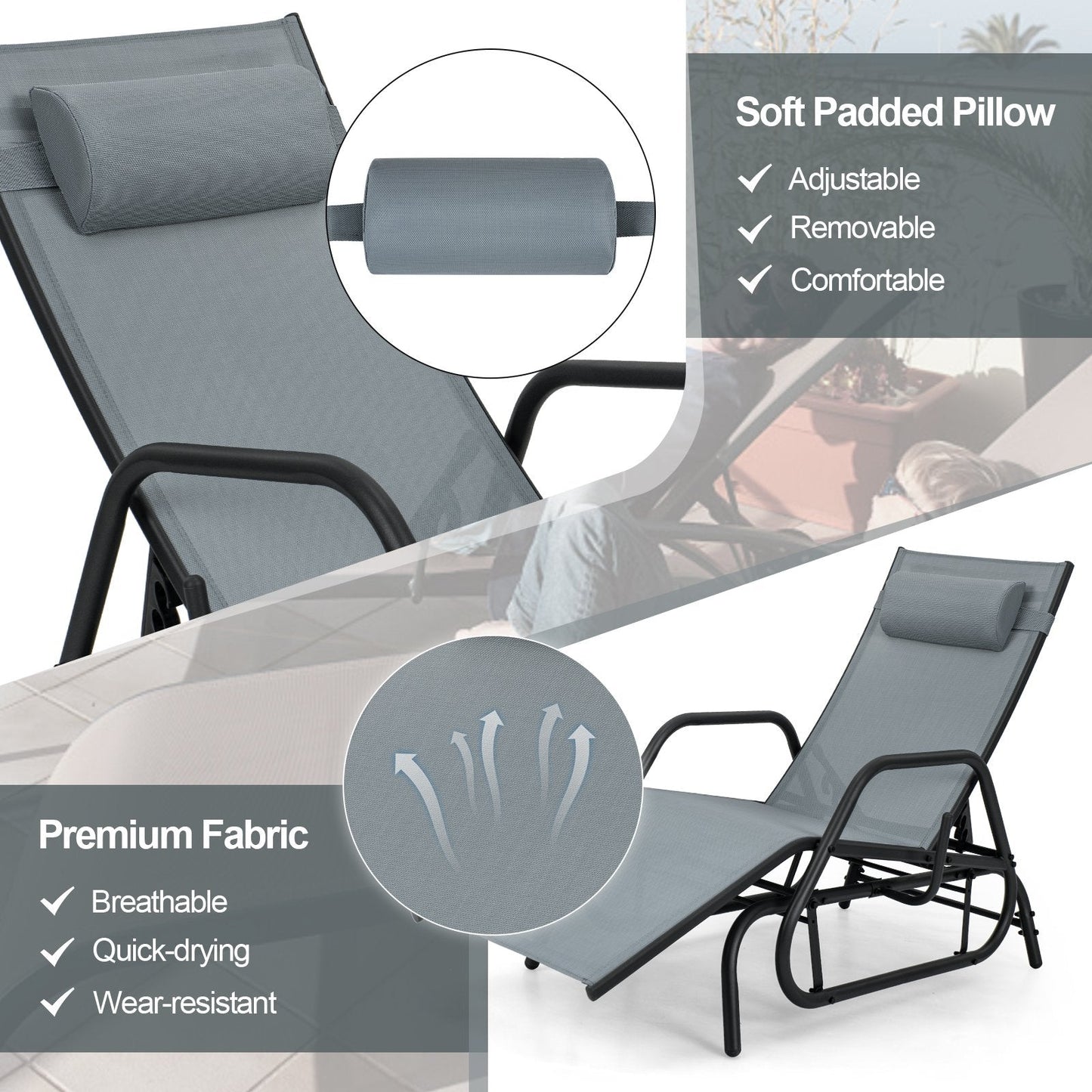 Outdoor Chaise Lounge Glider Chair with Armrests and Pillow-Grey-Grey
