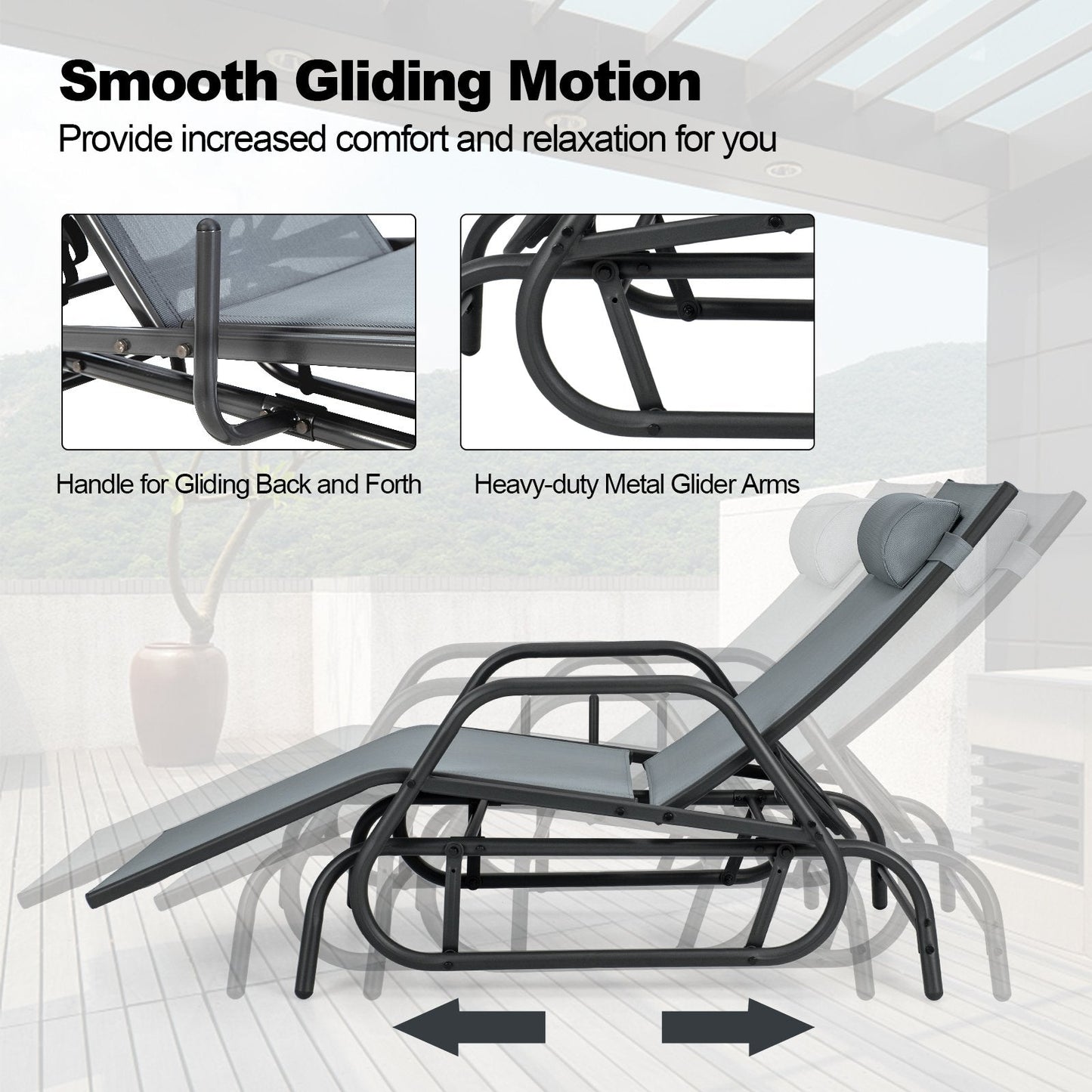 Outdoor Chaise Lounge Glider Chair with Armrests and Pillow-Grey-Grey