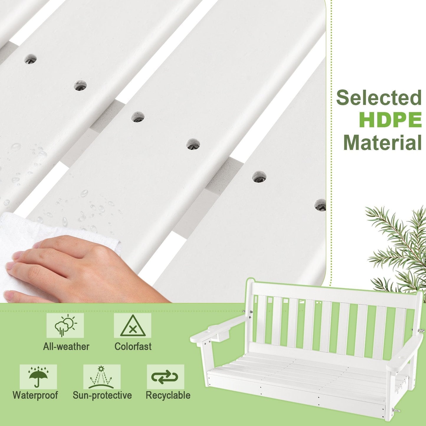 HDPE Porch Swing with Hidden Cup Holder and Adjustable Secure Chains-White