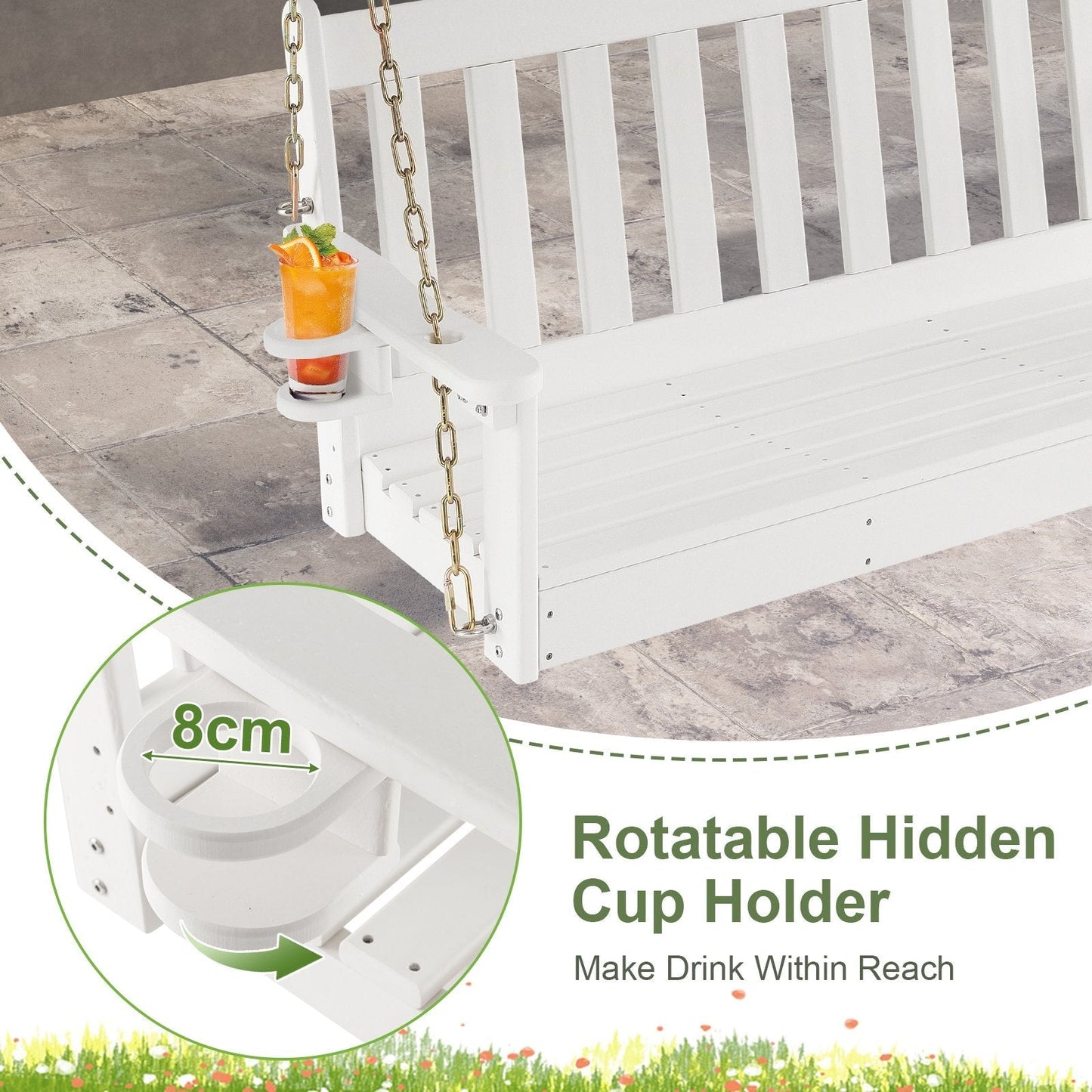HDPE Porch Swing with Hidden Cup Holder and Adjustable Secure Chains-White