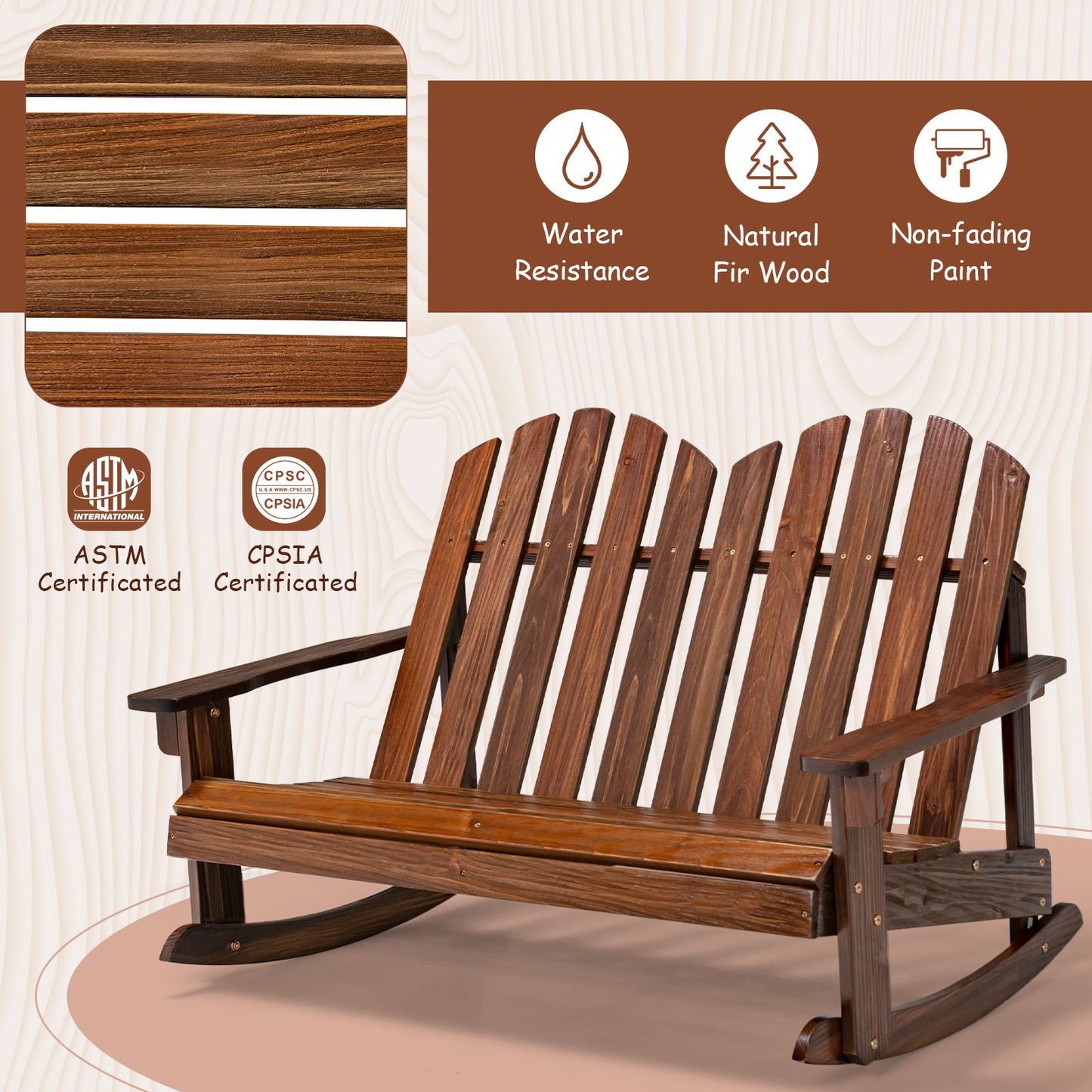 2 Person Adirondack Rocking Chair Outdoor Rocking Bench-Rustic Brown