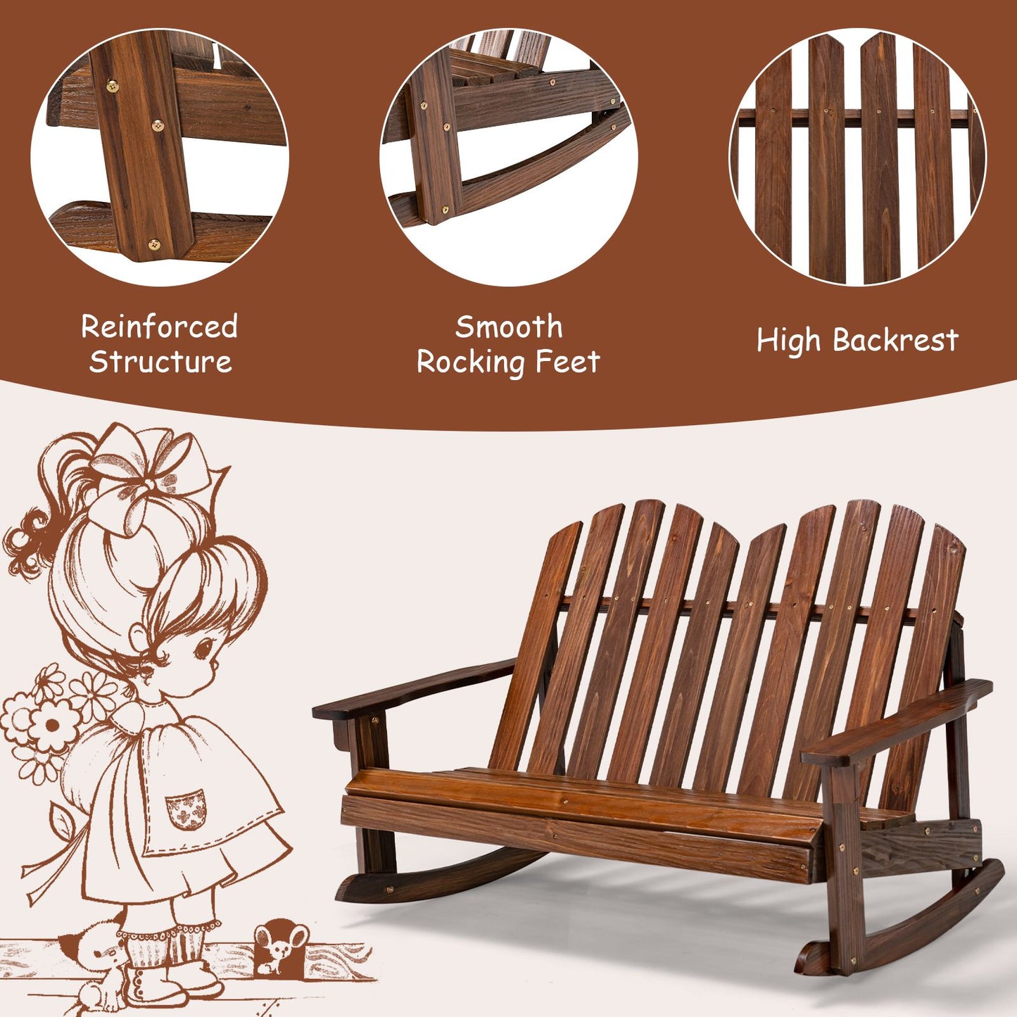 2 Person Adirondack Rocking Chair Outdoor Rocking Bench-Rustic Brown