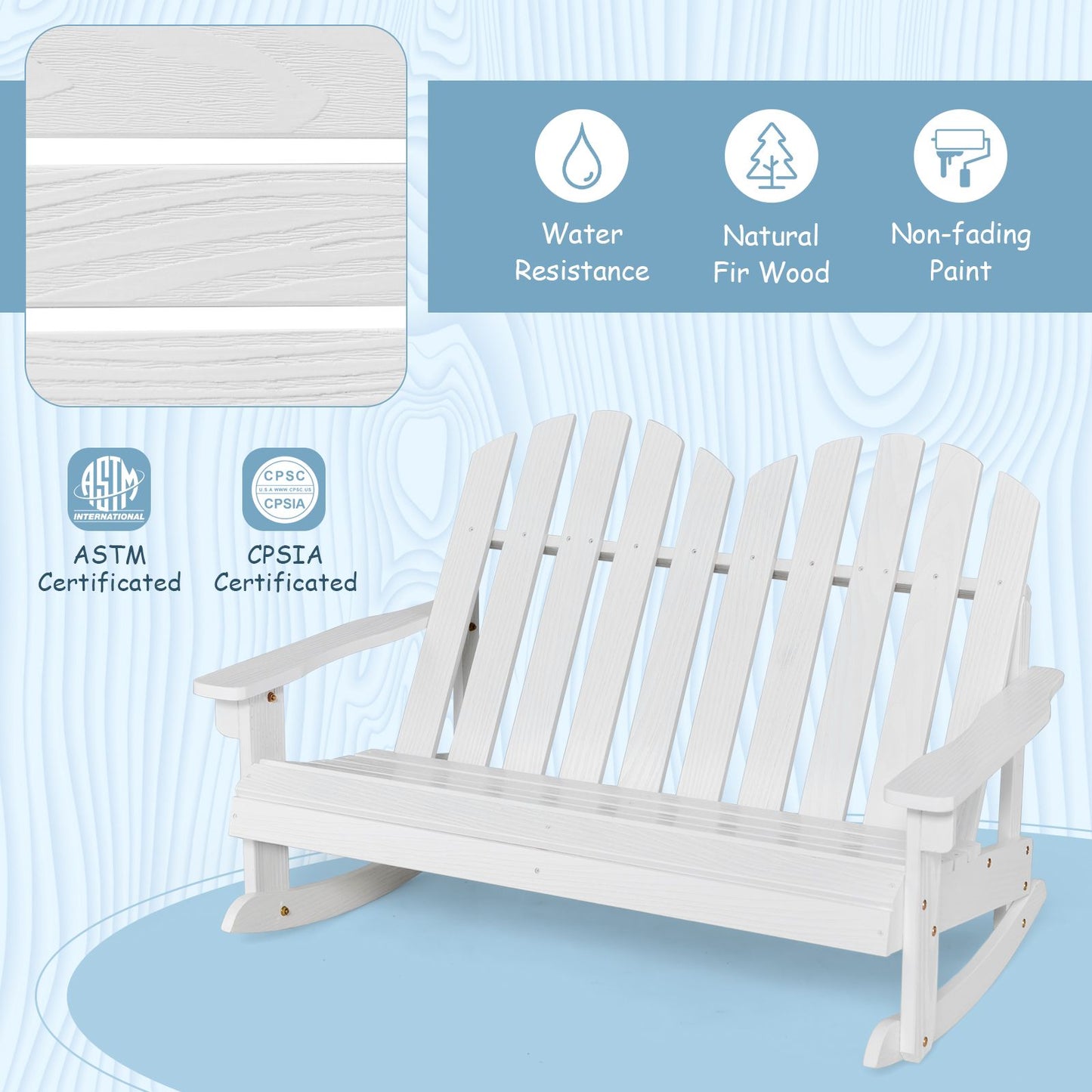 2 Person Adirondack Rocking Chair Outdoor Rocking Bench-White