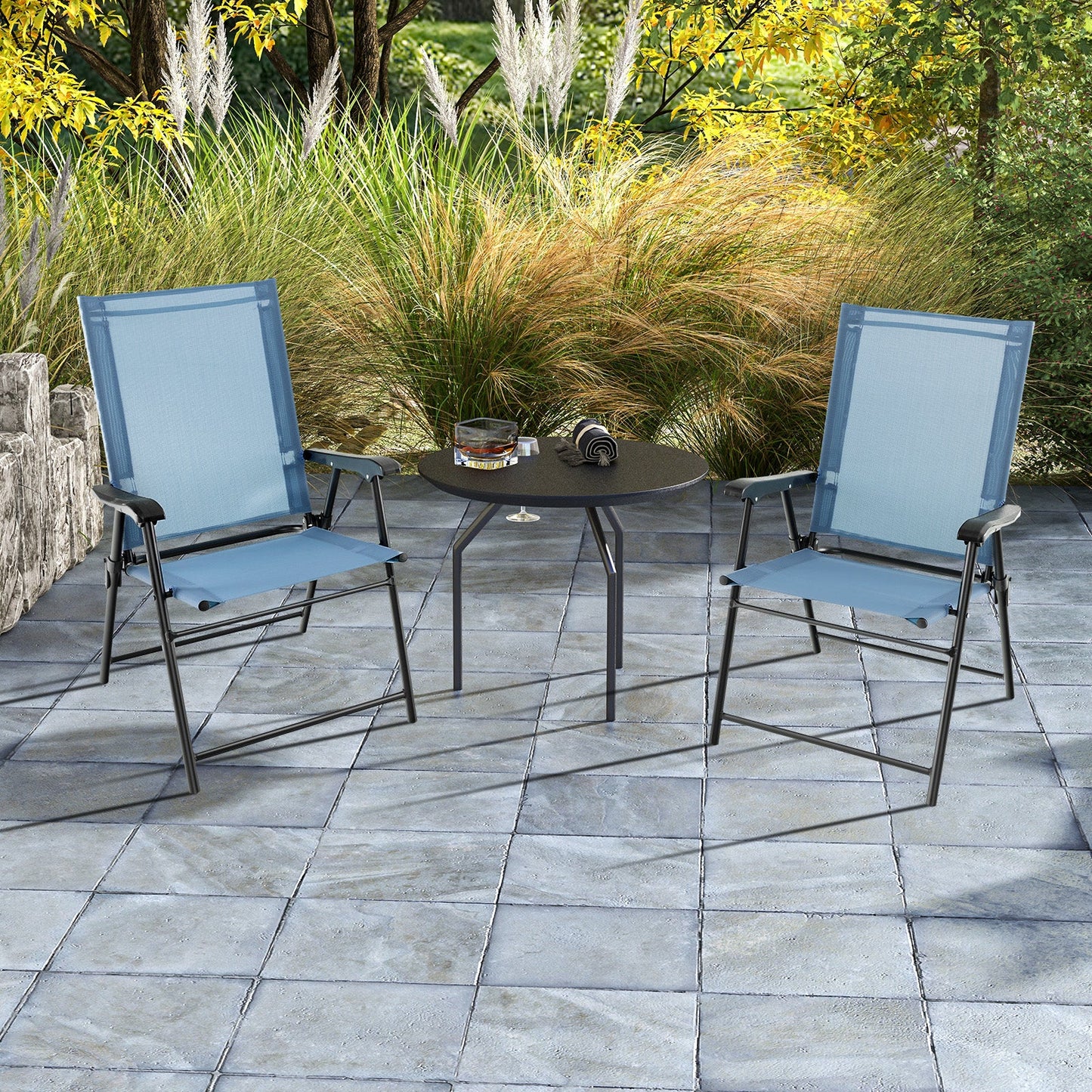 Set of 2 Folding Garden Chairs with Armrests for Yard Lawn Poolside-Blue