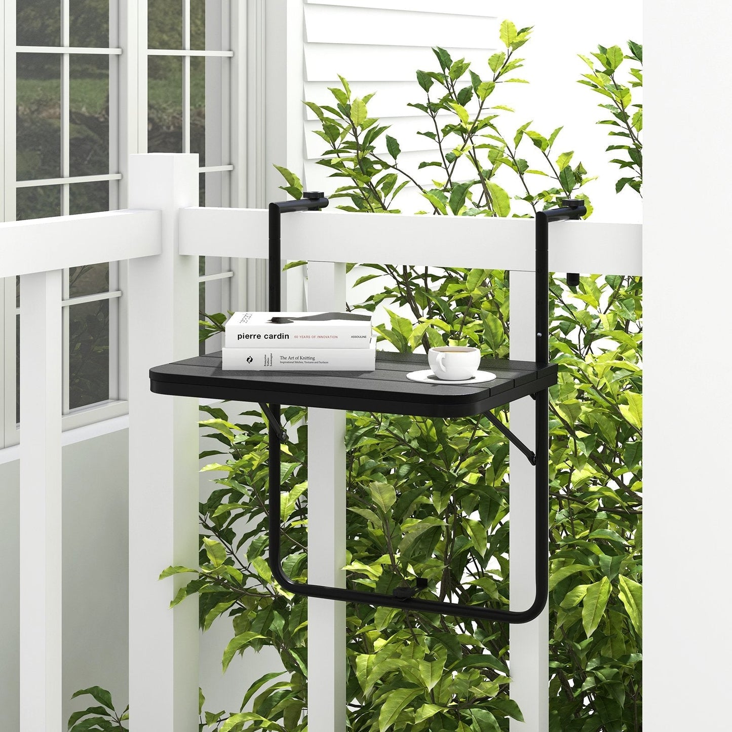 Folding Railing Table with 3-Level Adjustable Height for Patio-Black