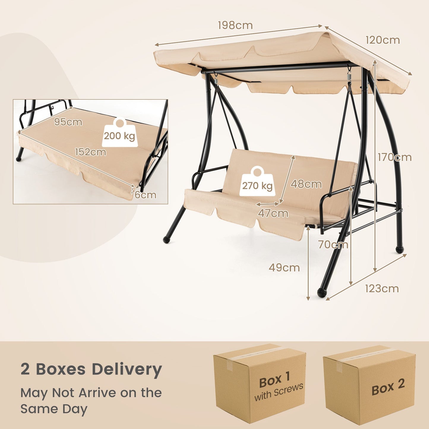 2 Seater Garden Swing Chair with Adjustable Canopy and Removable Cushion-Beige