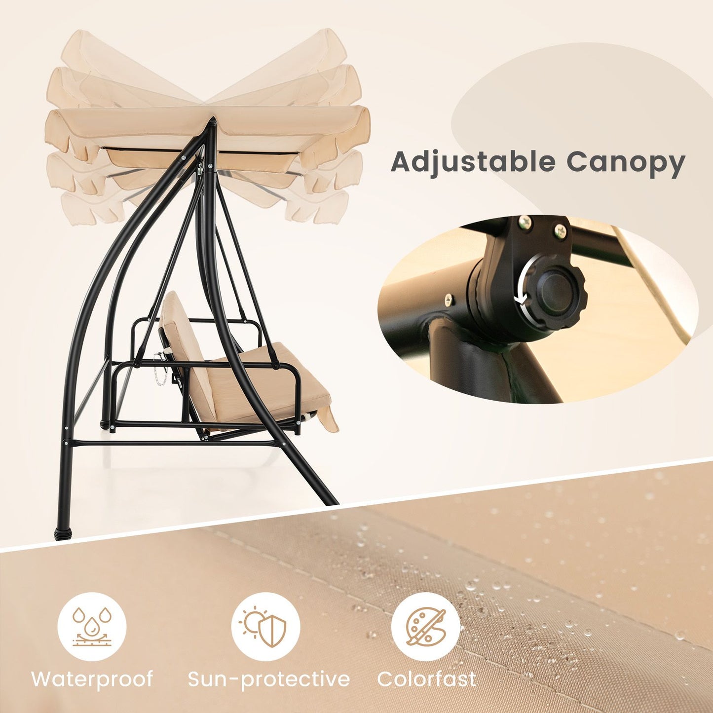 2 Seater Garden Swing Chair with Adjustable Canopy and Removable Cushion-Beige