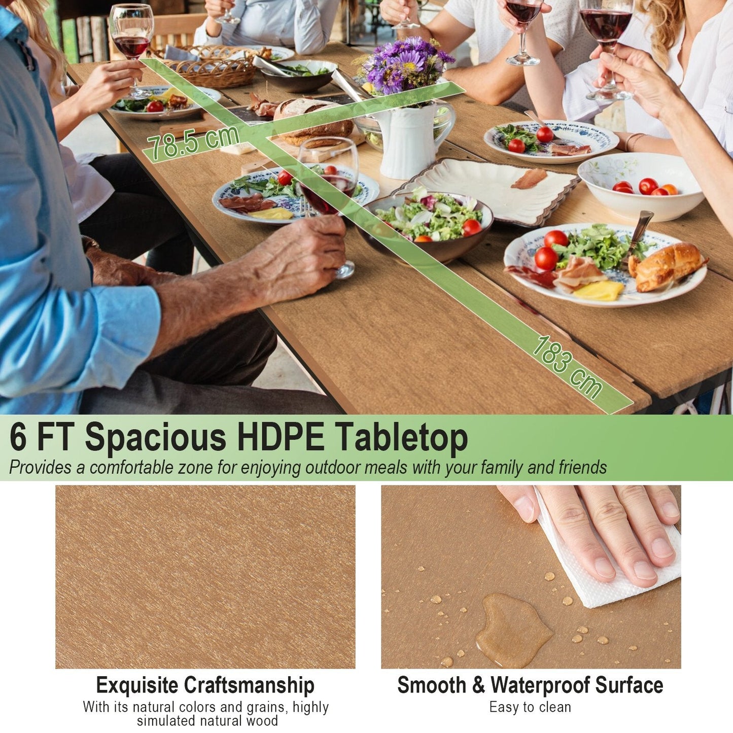 Outdoor Picnic Table Bench Set for 6-8 People-Brown