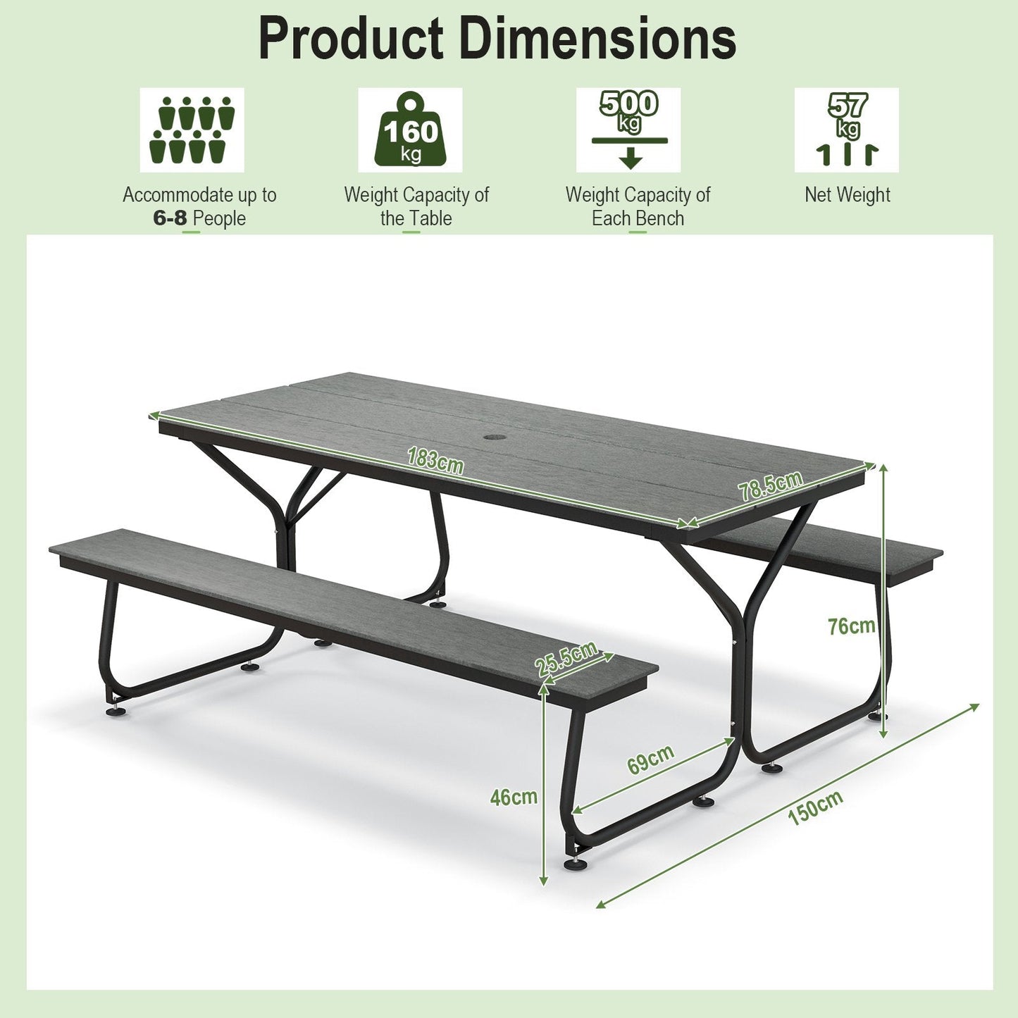 Outdoor Picnic Table Bench Set for 6-8 People-Grey