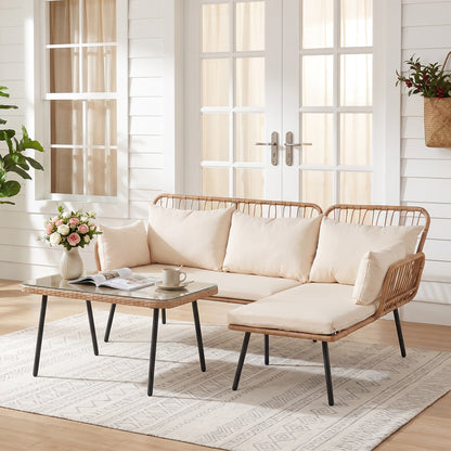 3-Piece Patio Furniture Set with Coffee Table and L-Shaped Sectional Sofa-Beige