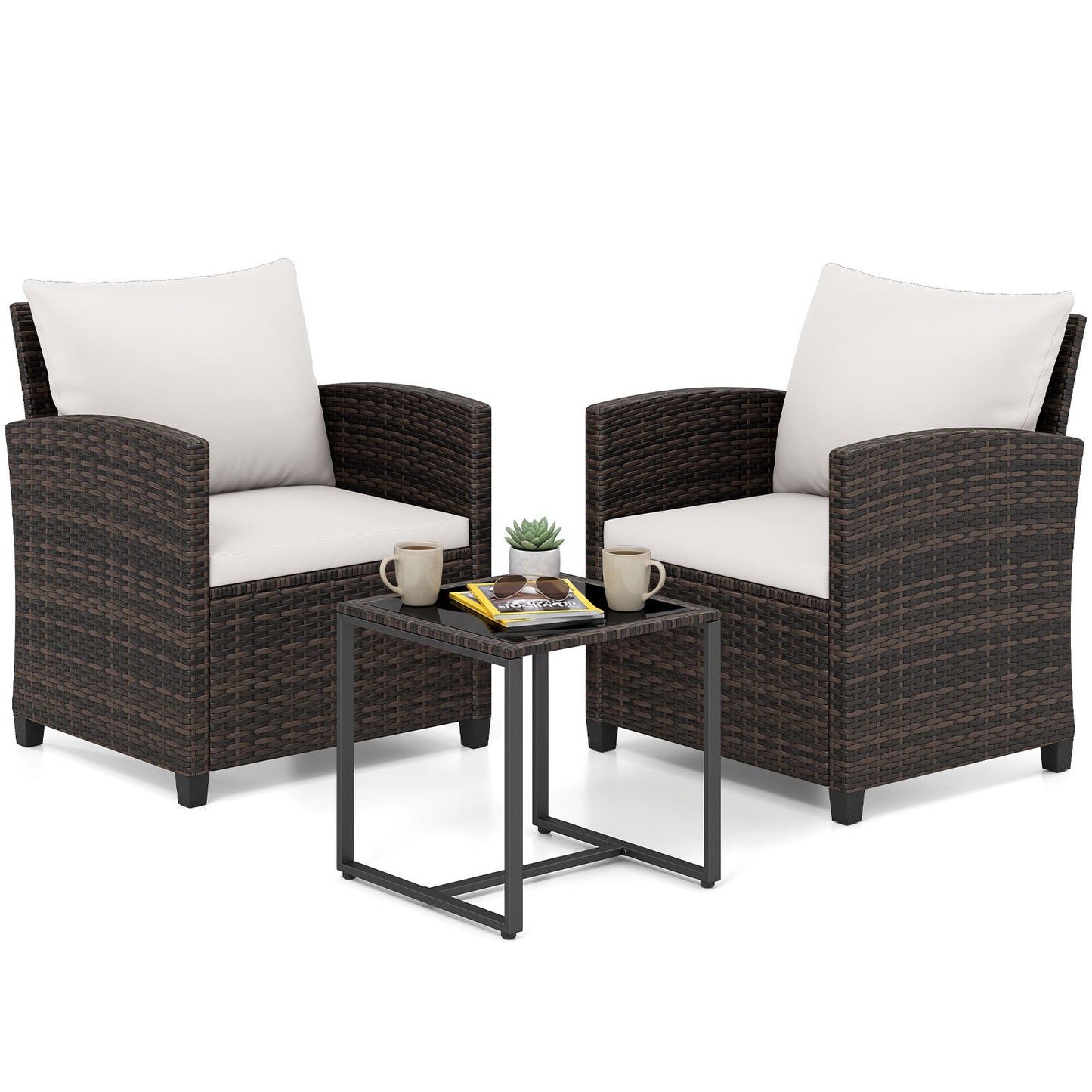 3 Pieces PE Rattan Wicker Outdoor Bistro Conversation Set with Soft Cushions-Beige