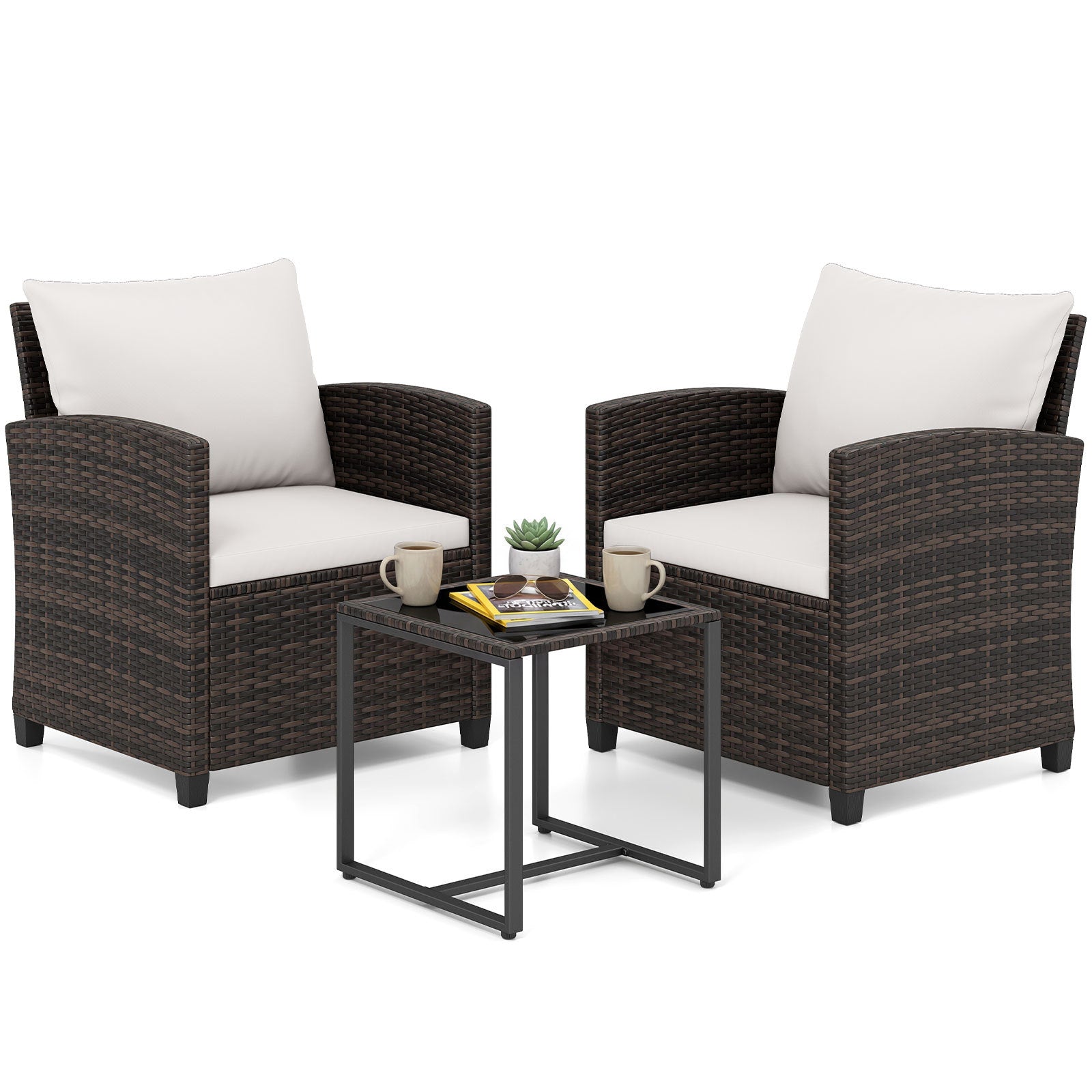 3 Pieces PE Rattan Wicker Outdoor Bistro Conversation Set with Soft Cushions-Beige