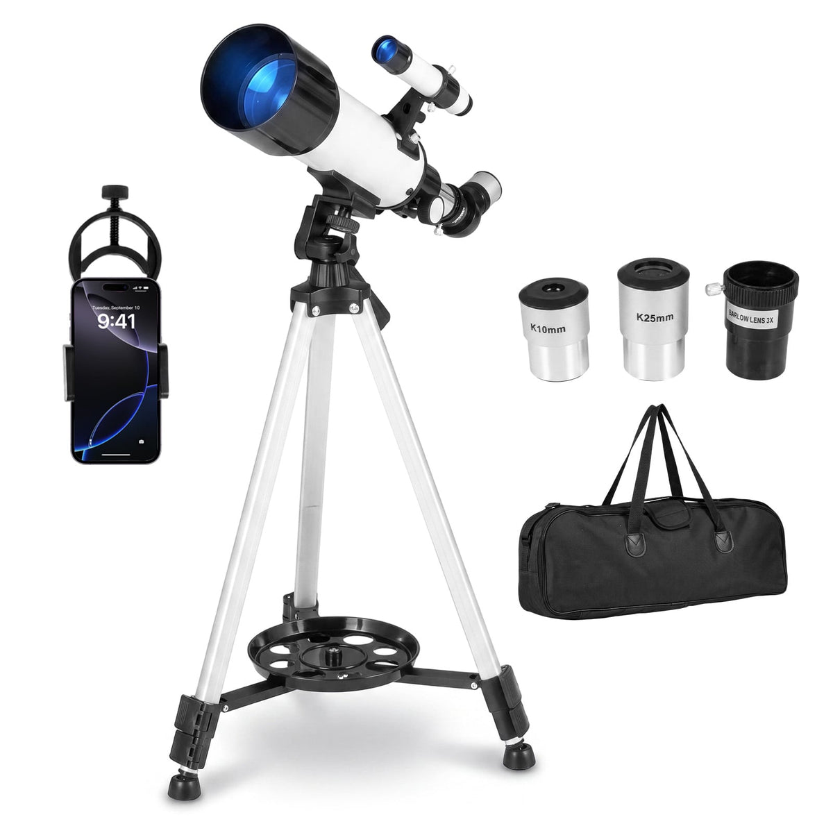 70 mm Refractor Telescope with 2 Eyepieces Adjustable Tripod Phone Mount and Carry Bag-White