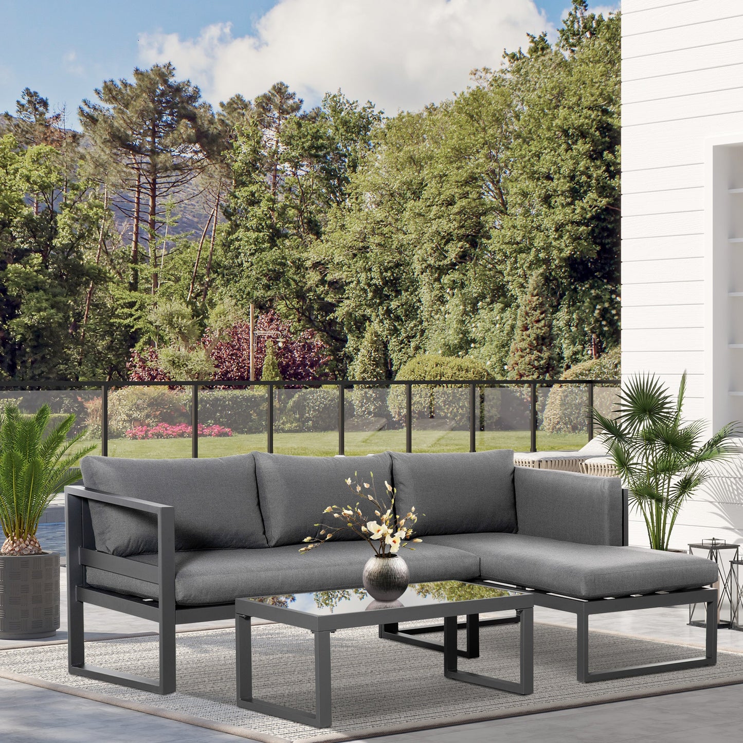 Outsunny 3 PCs L-shape Aluminium Garden Corner Sofa Set with Padded Cushions, Outdoor Conversation Furniture Set with Glass Coffee Table, Grey