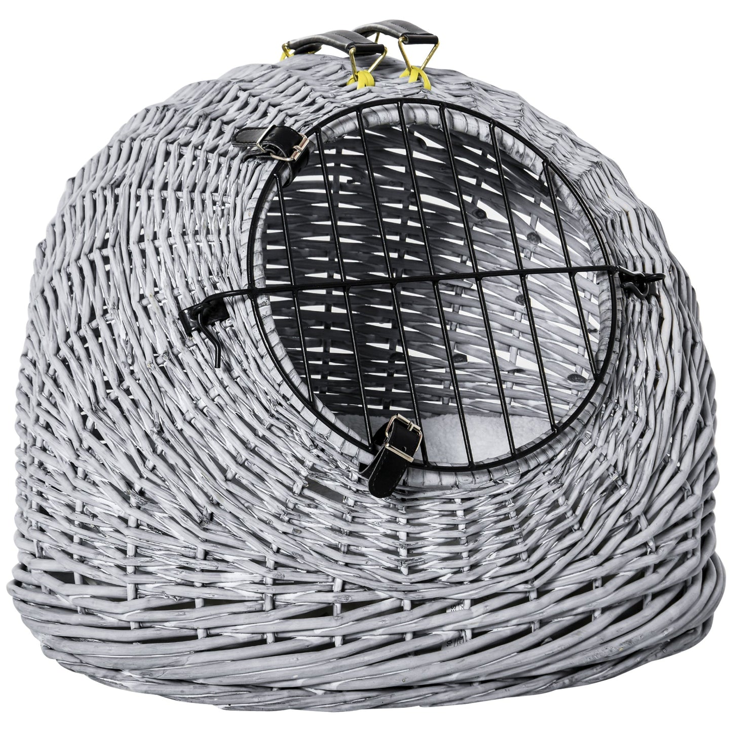 سلة حمل الحيوانات الأليفة من PawHut Wicker Pet Carrier Basket Cat Kitten Bed قفص سفر محمول مع مقبض مبطن ناعم، رمادي 50 × 40 × 40 سم