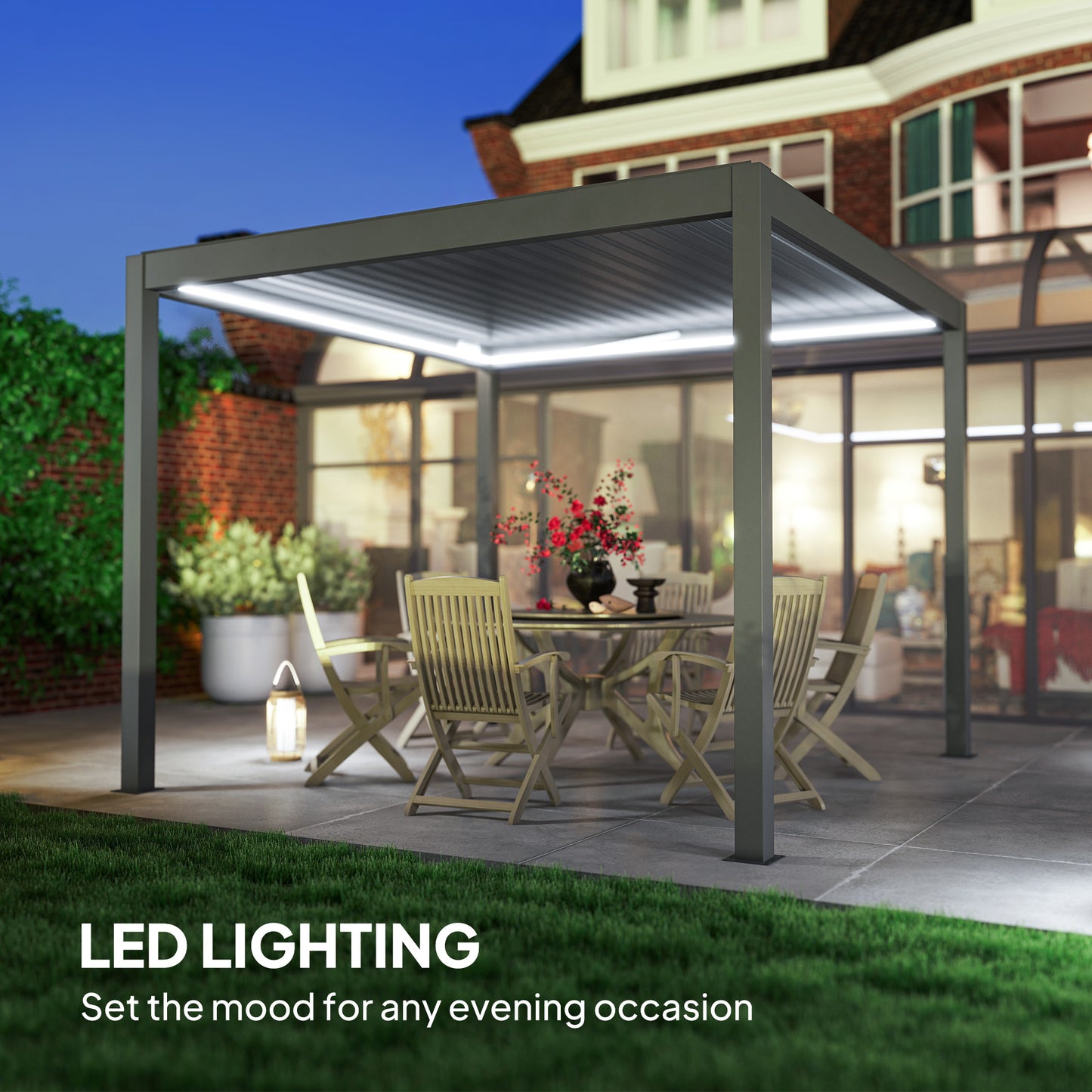 Outsunny 3 x 3(m) Elektryczna pergola żaluzjowa z oświetleniem LED, aluminiowa pergola z twardym dachem i pilotem, regulowany dach i system odwodnienia, wodoodporna i odporna na promieniowanie UV