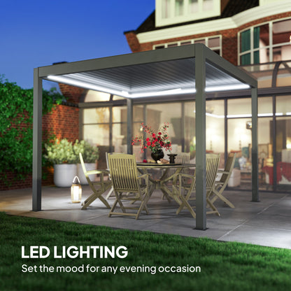Outsunny 3 x 3(m) Elektryczna pergola żaluzjowa z oświetleniem LED, aluminiowa pergola z twardym dachem i pilotem, regulowany dach i system odwodnienia, wodoodporna i odporna na promieniowanie UV