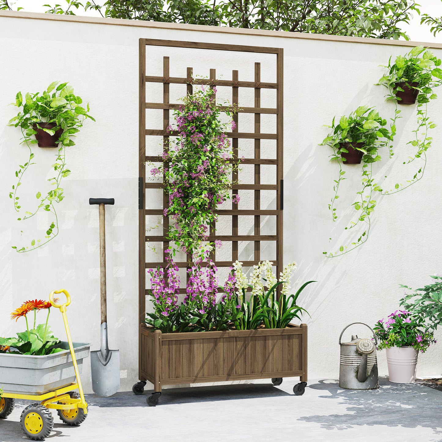 Outsunny Wooden Trellis Planter, Raised Garden Bed with Wheels, to Climb and Grow Vegetables, Herbs and Flowers, Brown