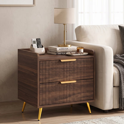 HOMCOM Elegant Two-Drawer Bedside Table - Walnut Brown