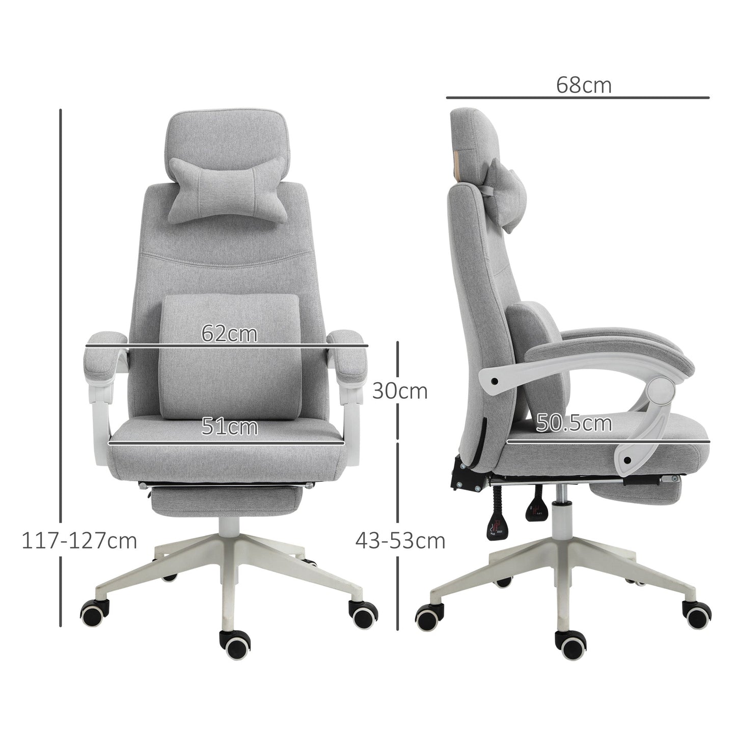Vinsetto Office Chair, Ergonomic Desk Chair, High Back Fabric Work Chair with 160 Reclining Backrest, Retractable Footrest, Neck and Lumbar Pillow for Home and Study, Grey