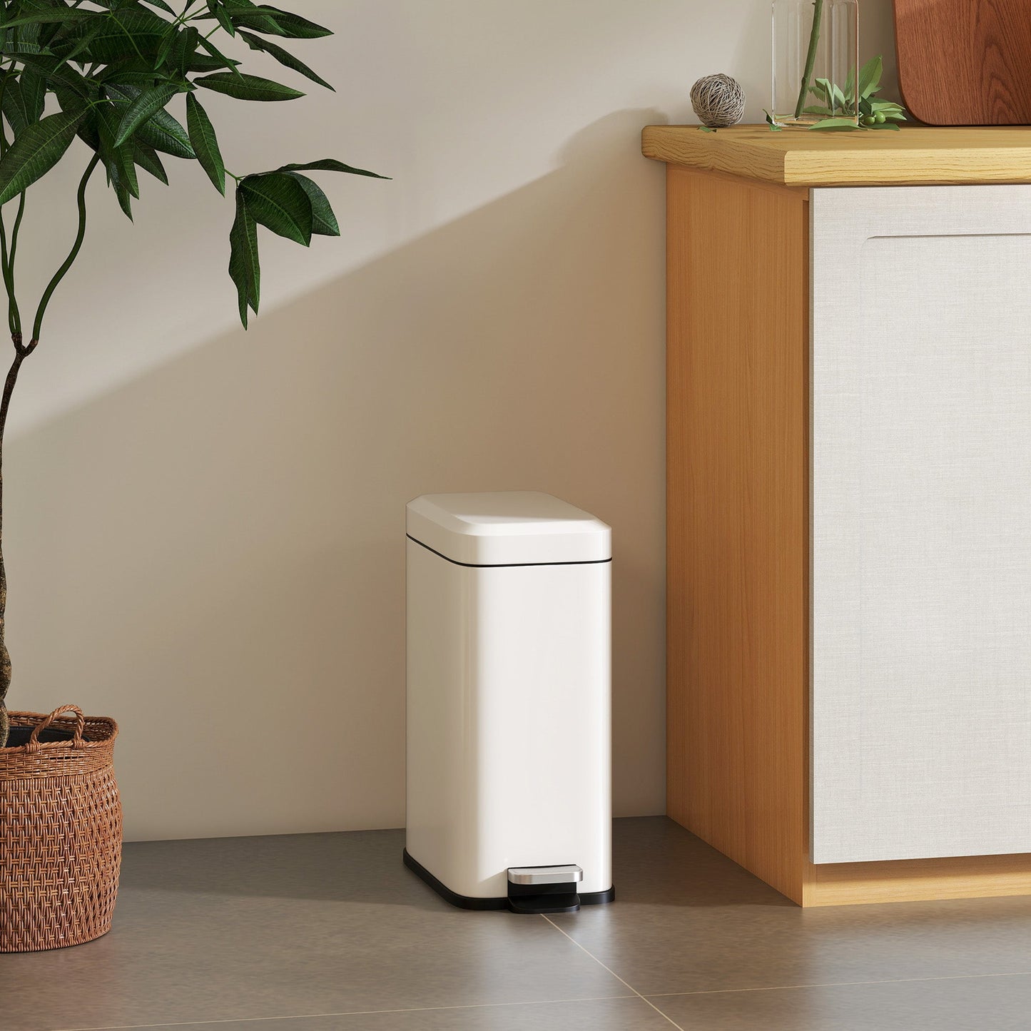HOMCOM 5L Rectangular Compact Bin Steel Body Removable Bucket Quiet-Close Lid w/ Pedal Lid Rubbish Trash Can Home Office Bedroom Bathroom Living Room Garbage Tidy Clean White
