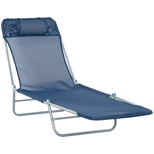 Outsunny Folding Sun Lounger with Head Pillow - Dark Blue