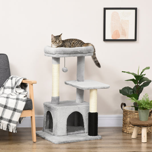 PawHut Cat Tree dla kotów domowych, wieża wspinaczkowa, drapak dla kotów, centrum aktywności dla kotów z zabawką do masażu, wisząca piłka, łóżko, grzęda, 48 x 48 x 85 cm, szary