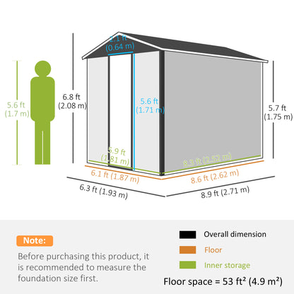 Outsunny 9x 6FT Metalowy zewnętrzny domek ogrodowy, ocynkowany domek narzędziowy ze skośnym dachem, zamykane drzwi na patio i trawnik, ciemnoszary